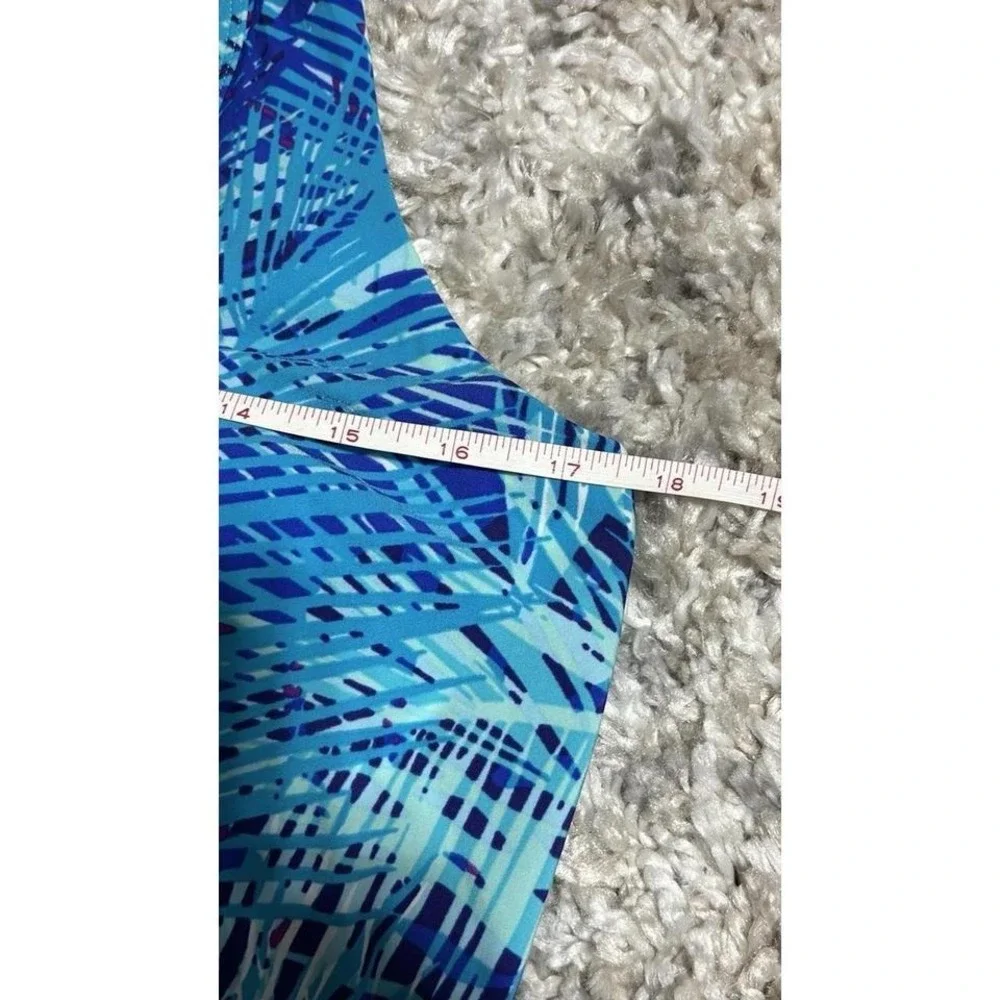 L.L.Bean Women Blue Tropical Palm Print Blouson Tankini Top UPF 50 Size 12 Reg